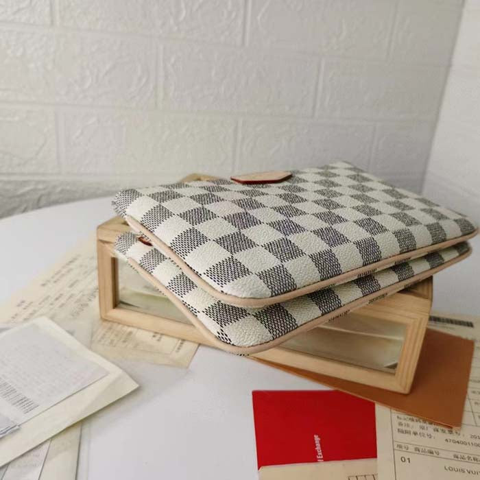 Louis Vuitton Unisex LV Double Zip Pochette Damier Azur Coated Canvas Cowhide Leather Clutch