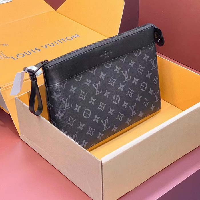 Louis Vuitton Unisex LV Pochette Voyage Souple Monogram Eclipse Coated Canvas Cowhide-Leather Clutch