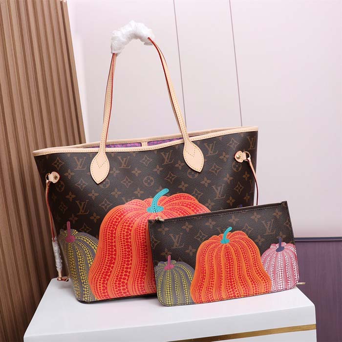 Louis Vuitton Unisex LV x YK Neverfull MM Monogram Coated Canvas Pumpkin Print Tote
