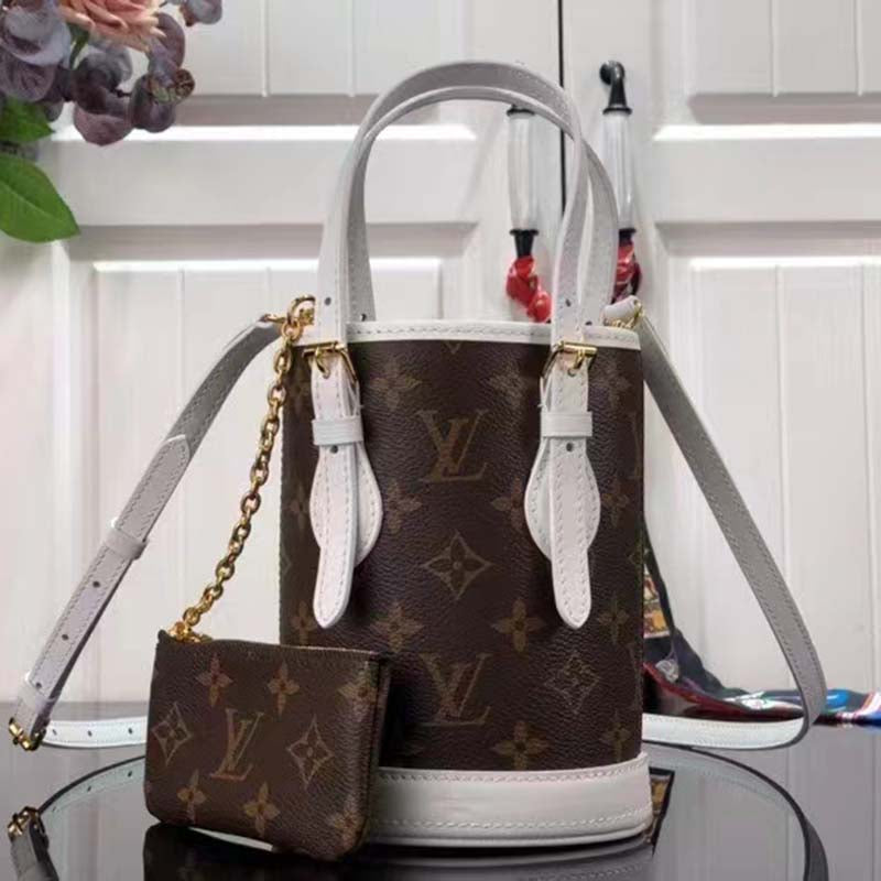 Louis Vuitton Unisex Nano Bucket Brown Monogram Coated Canvas Cowhide Leather Handbag