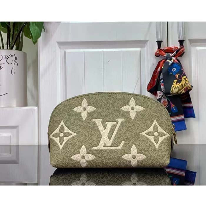 Louis Vuitton Unisex Pochette Cosmétique PM Kaki Fango Cream Monogram Empreinte Embossed Leather Clutch