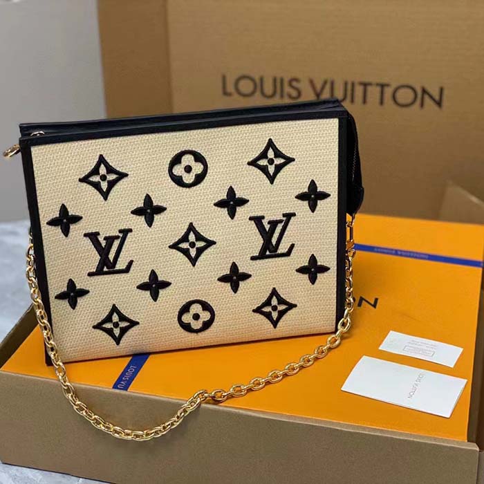 Louis Vuitton Unisex Toiletry Pouch On Chain Black Lotus Cotton Cowhide Leather Clutch