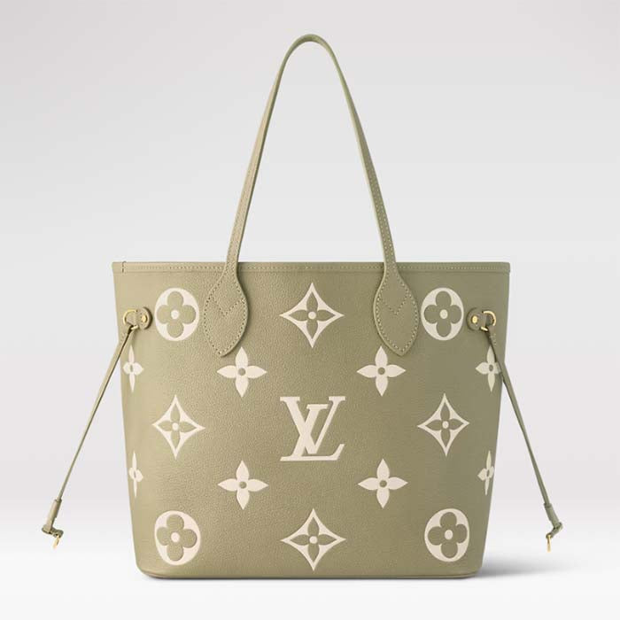 Louis Vuitton Women LV Neverfull MM Light Khaki Cream Monogram Empreinte Embossed Grained Cowhide Leather Tote