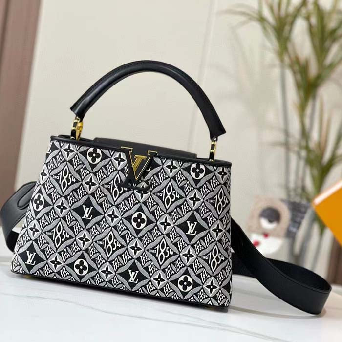 Louis Vuitton Women LV Since 1854 Capucines MM Gray Embroidered Calfskin Cowhide Handbag