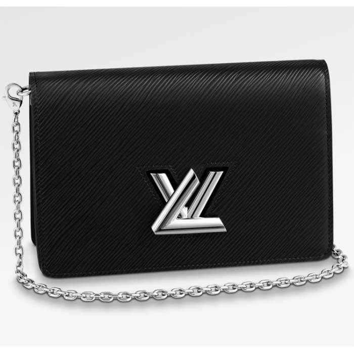 Louis Vuitton Women LV Twist Belt Chain Pouch Black Silver Epi Grained Cowhide Leather Clutch