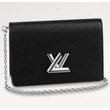 Louis Vuitton Women LV Twist Belt Chain Pouch Black Silver Epi Grained Cowhide Leather Clutch