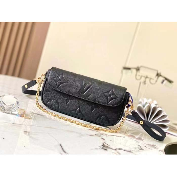 Louis Vuitton Women LV Wallet On Chain Ivy Black Monogram Embossed Supple Grained Cowhide Leather Crossbody