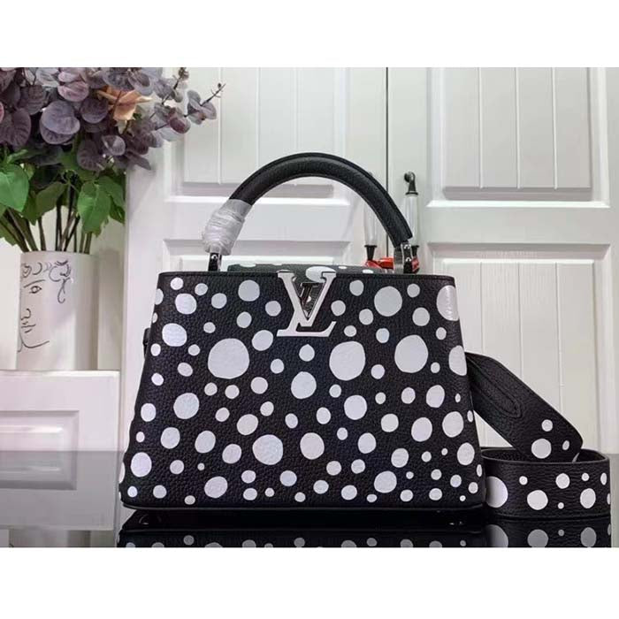 Louis Vuitton Women LV x YK Capucines BB Black White Taurillon Bull Calf Leather Infinity Dots Print Handbag