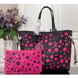 Louis Vuitton Women LV x YK Neverfull MM Black Fuchsia Embossed Grained Monogram Empreinte Cowhide Tote