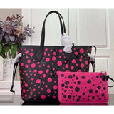 Louis Vuitton Women LV x YK Neverfull MM Black Fuchsia Embossed Grained Monogram Empreinte Cowhide Tote