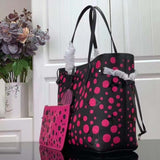 Louis Vuitton Women LV x YK Neverfull MM Black Fuchsia Embossed Grained Monogram Empreinte Cowhide Tote
