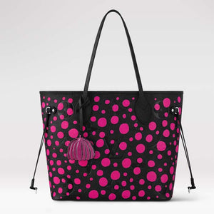 Louis Vuitton Women LV x YK Neverfull MM Black Fuchsia Embossed Grained Monogram Empreinte Cowhide Tote