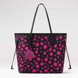 Louis Vuitton Women LV x YK Neverfull MM Black Fuchsia Embossed Grained Monogram Empreinte Cowhide Tote
