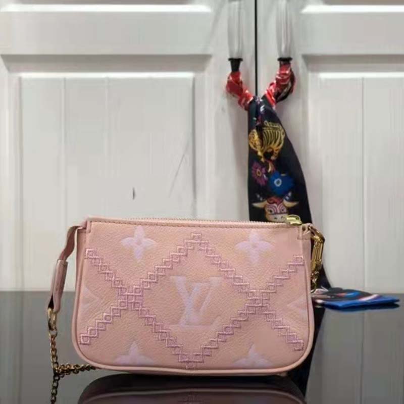 Louis Vuitton Women Mini Pochette Accessoires Pink Monogram Empreinte Embroidered Cowhide Clutch