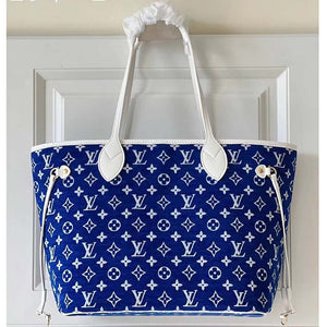 Louis Vuitton Women Neverfull MM Tote Blue Monogram Jacquard Velvet Cowhide Leather
