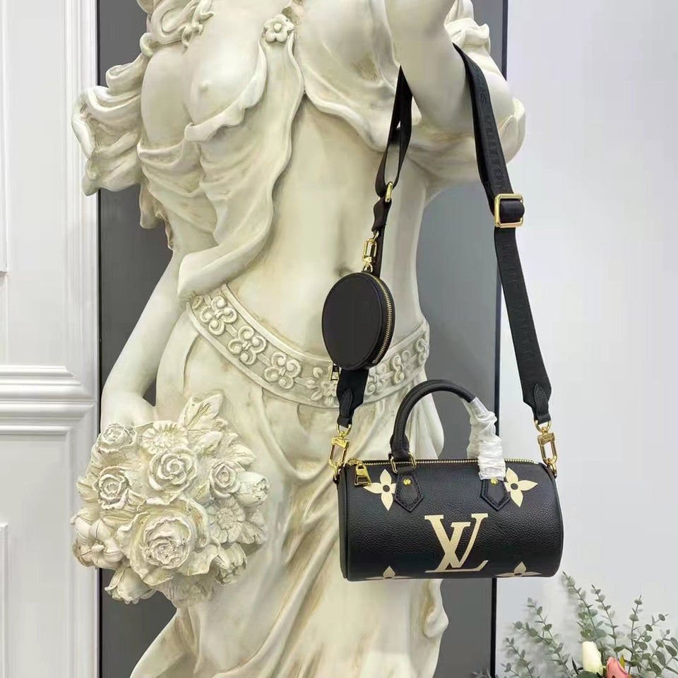 Louis Vuitton Women Papillon BB Black Beige Embossed Supple Grained Cowhide Leather Handbag