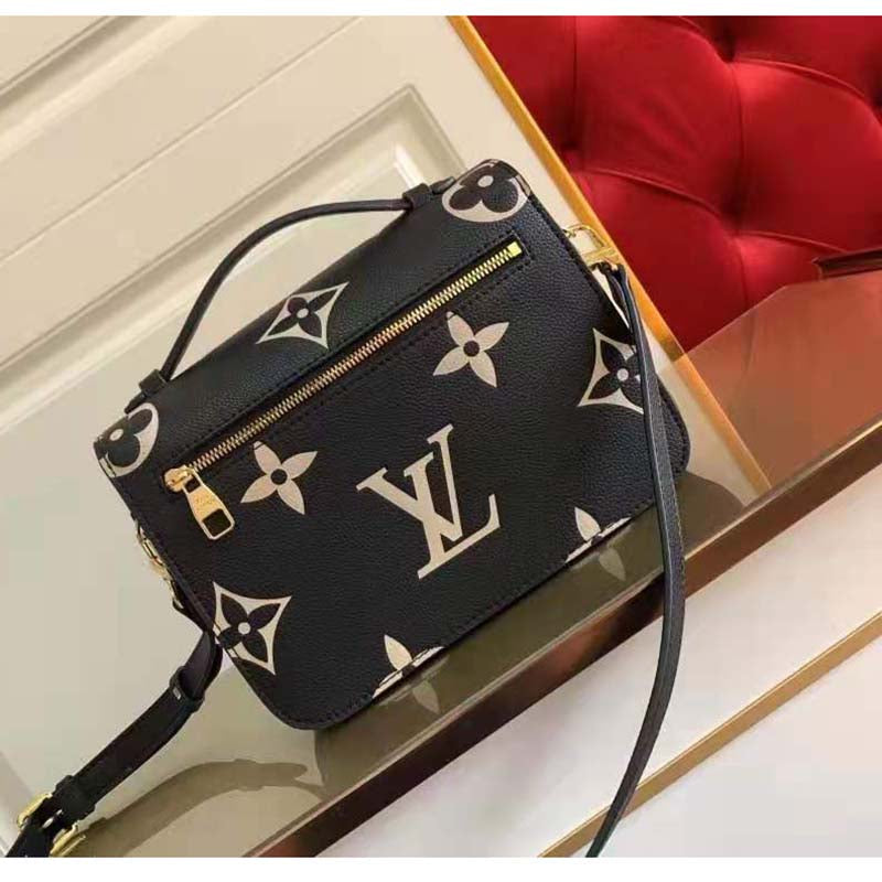 Louis Vuitton Women Pochette Metis Black Beige Embossed Grained Cowhide Leather Clutch