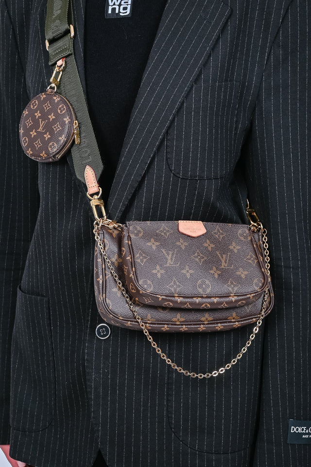 Louis Vuitton 2020 Brown Leather Monogram Multi Pouch Pochette Crossbody w/ Green Strap