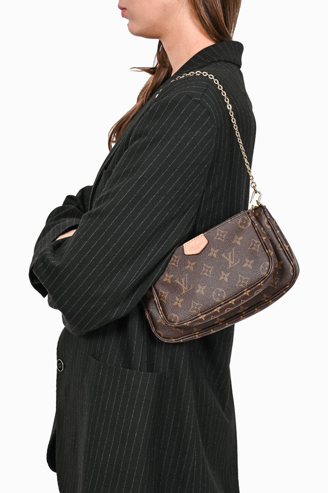 Louis Vuitton 2020 Brown Leather Monogram Multi Pouch Pochette Crossbody w/ Green Strap