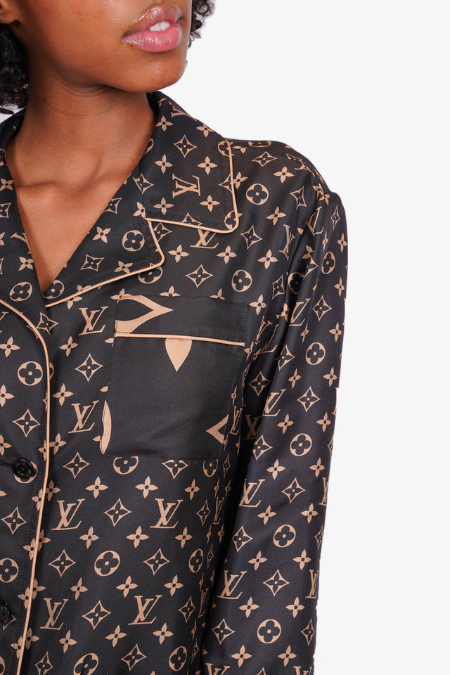 Louis Vuitton Black Monogram Silk Escale Pajama Set Size 38/36
