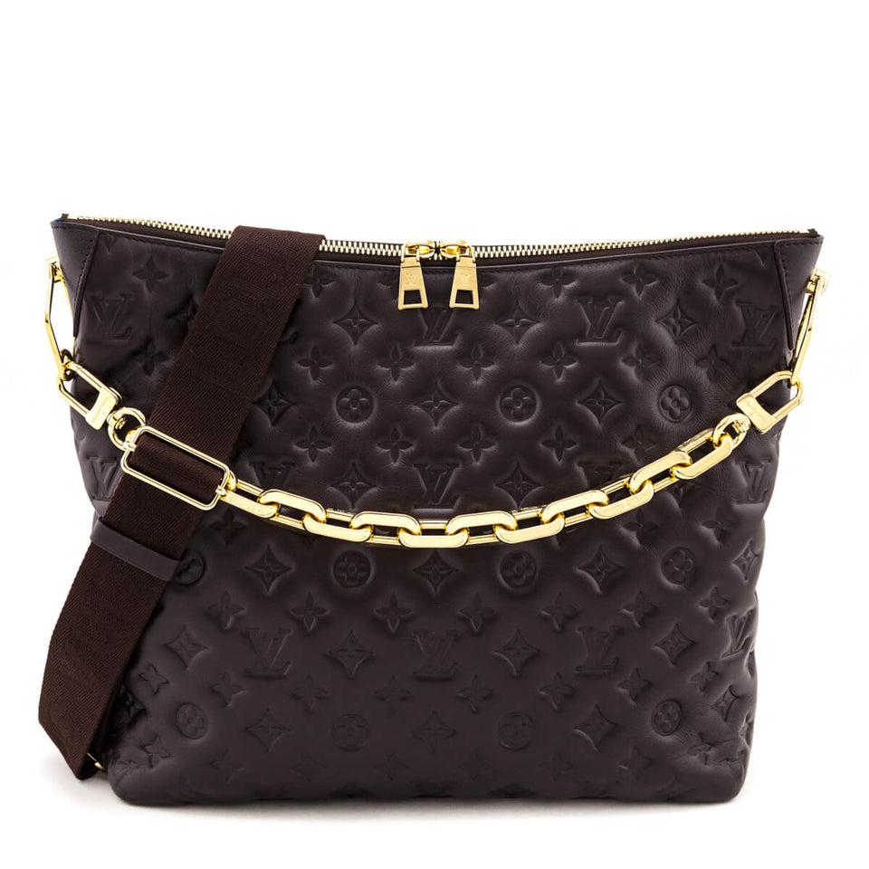 Louis Vuitton Chocolate Calfskin Embossed Monogram Coussin Hobo MM