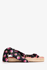 Prada Black/Pink Floral Satin Tie-Up Espadrille Sandals Size 35
