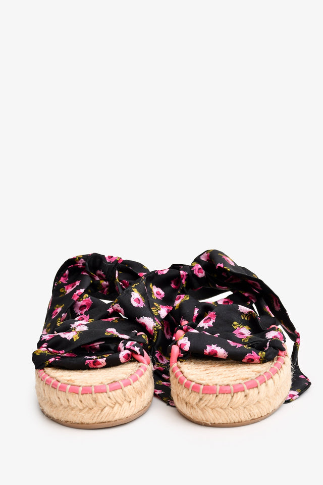 Prada Black/Pink Floral Satin Tie-Up Espadrille Sandals Size 35