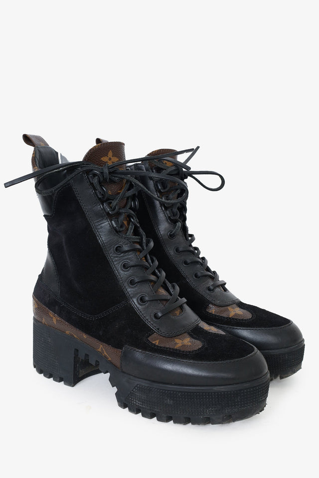 Louis Vuitton Black Monogram Leather/Suede Laureate Combat Boots Size 37.5
