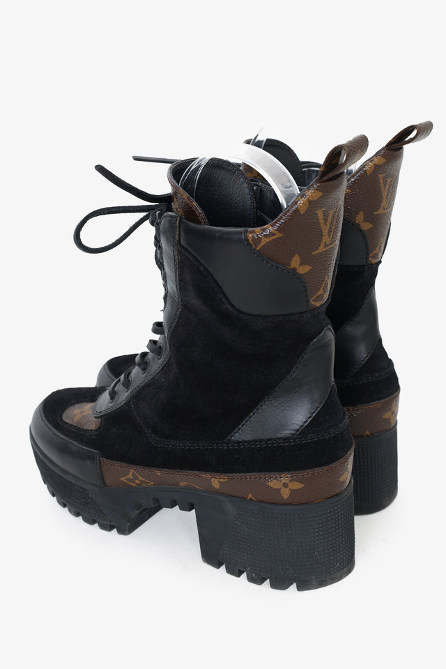 Louis Vuitton Black Monogram Leather/Suede Laureate Combat Boots Size 37.5