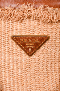 Prada Vintage Beige Raffia Leather Trimmed Tote with Strap