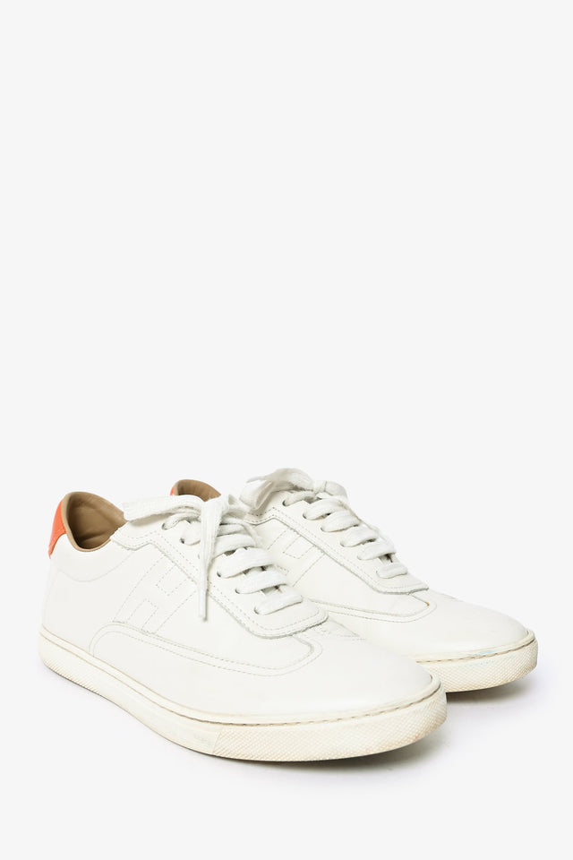 Hermes White/Orange Leather Quicker Sneakers Size 38