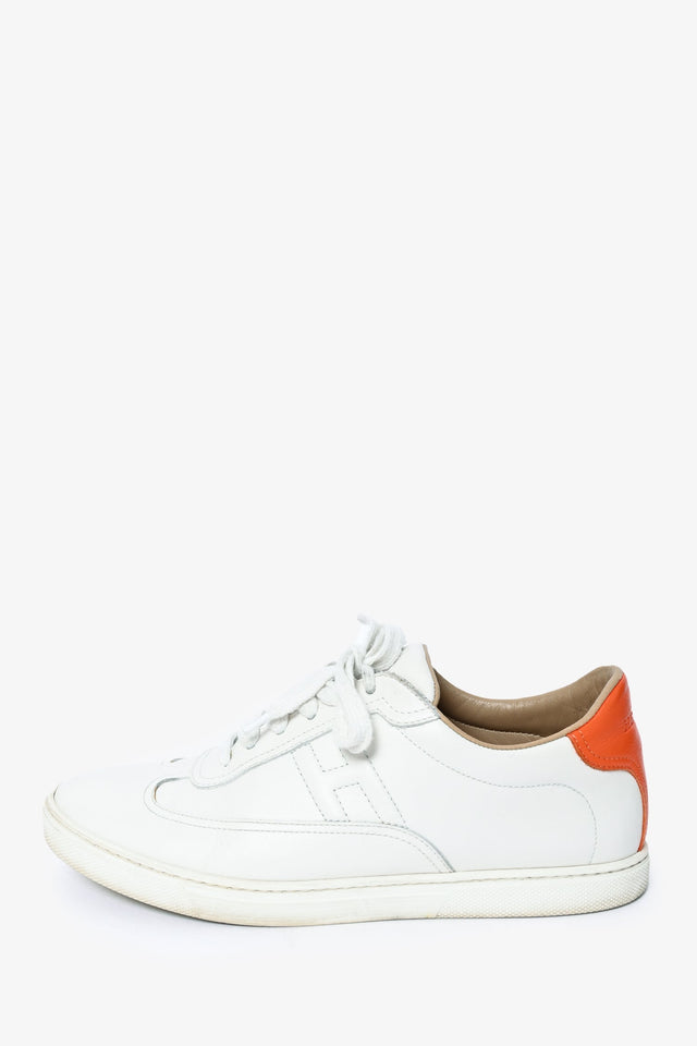 Hermes White/Orange Leather Quicker Sneakers Size 38