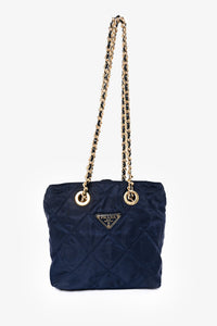 Prada Blue Nylon Logo Gold Chain Shoulder Bag