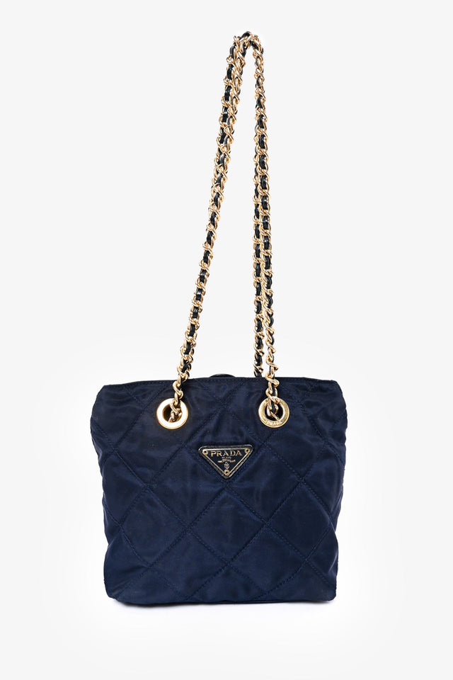 Prada Blue Nylon Logo Gold Chain Shoulder Bag