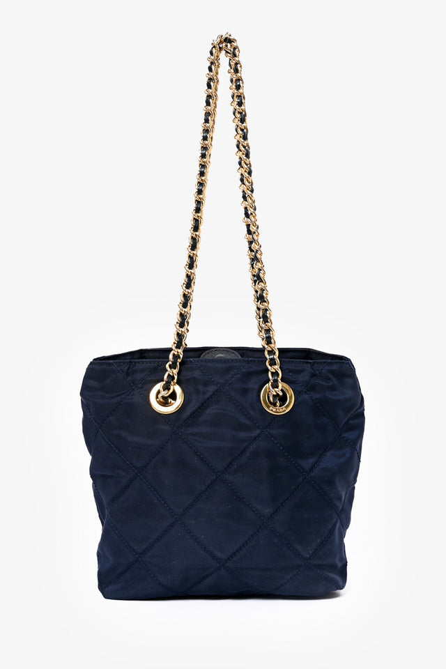 Prada Blue Nylon Logo Gold Chain Shoulder Bag