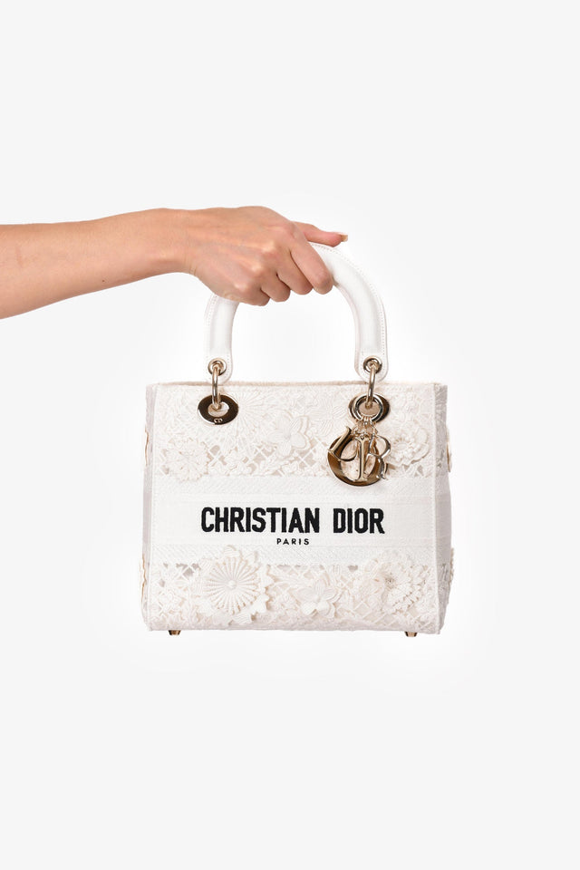 Christian Dior 2023 White Lace Floral Medium D-Lite Top Handle with Strap