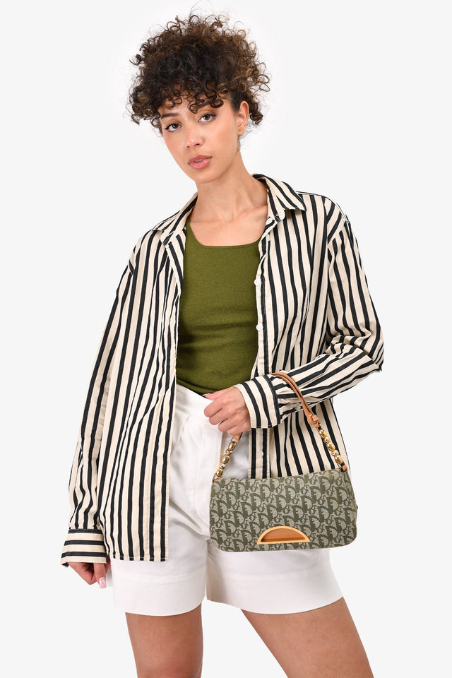 Christian Dior 1991 Green/Cream Canvas Monogram 'Maris Pearl' Shoulder Bag