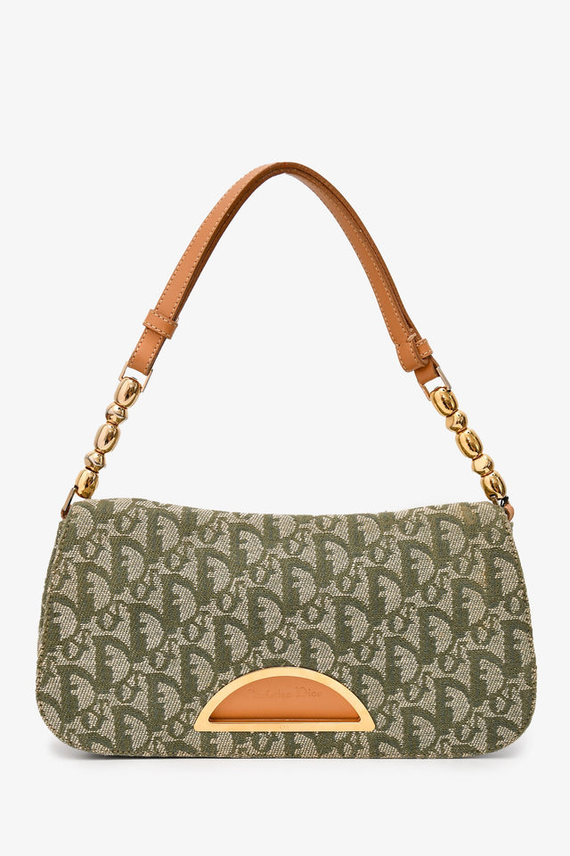 Christian Dior 1991 Green/Cream Canvas Monogram 'Maris Pearl' Shoulder Bag