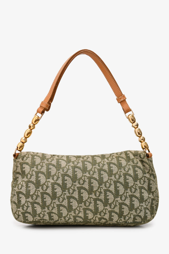 Christian Dior 1991 Green/Cream Canvas Monogram 'Maris Pearl' Shoulder Bag