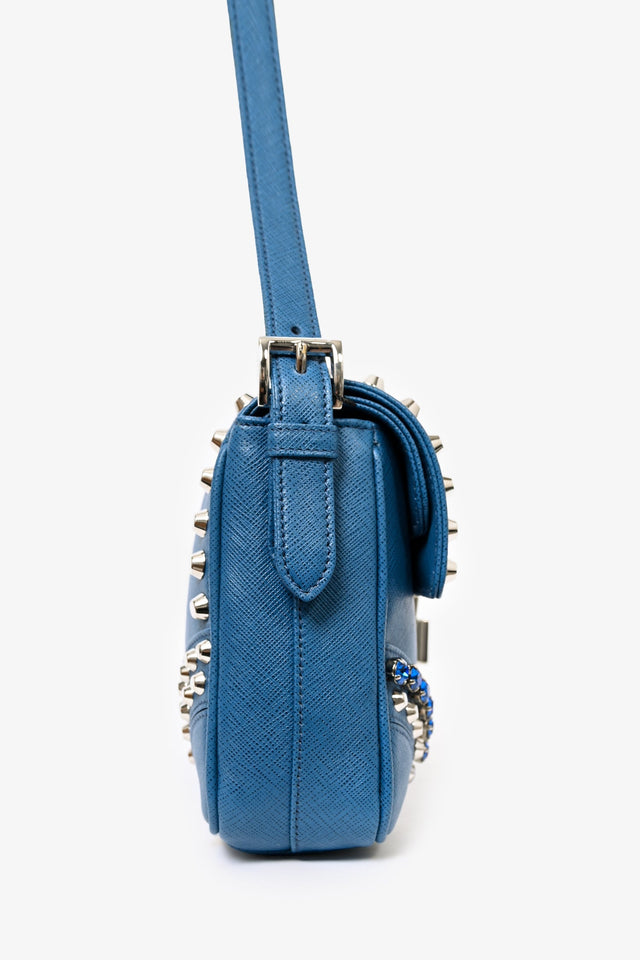 Prada Blue Saffiano Leather Stud/Diamante Embellished Flap Bag