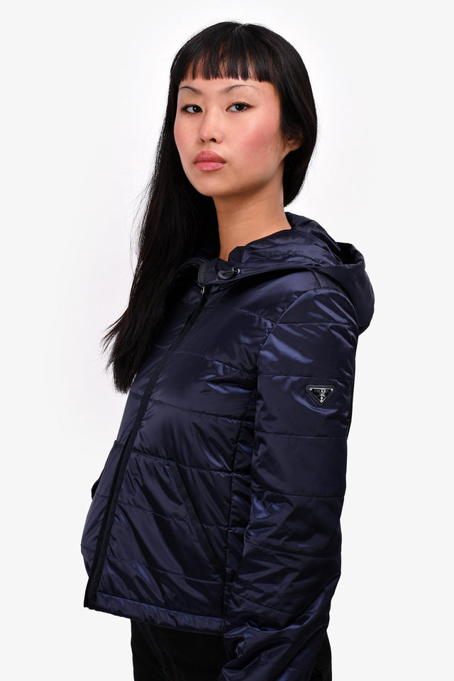Prada Navy Nylon Quilted Hooded Jacket Size 38