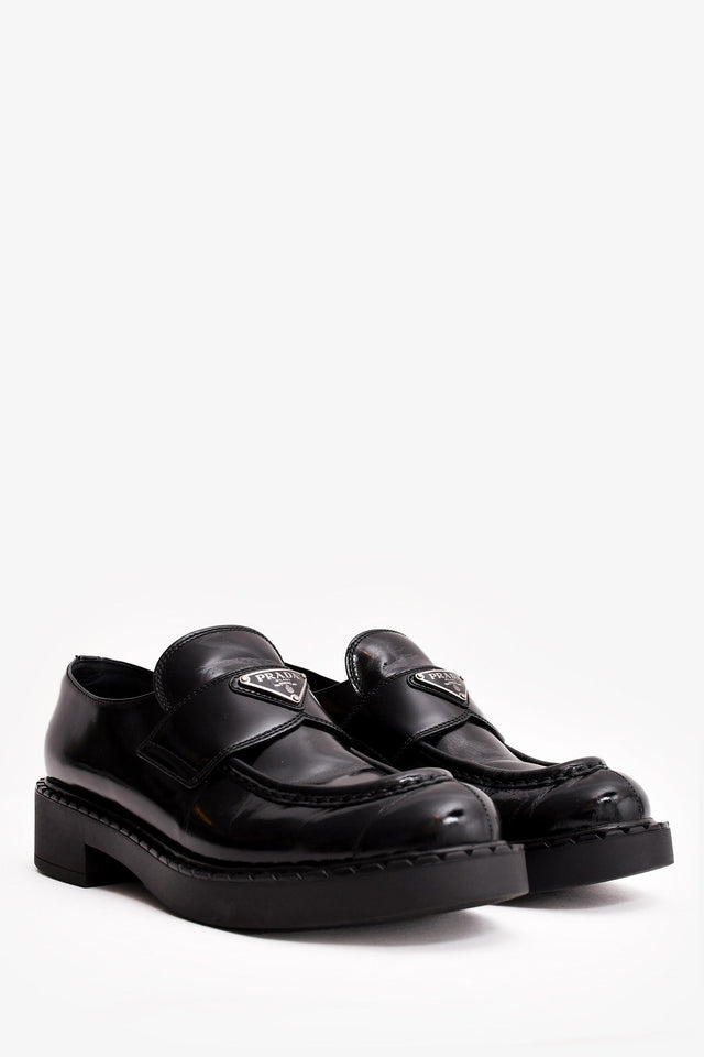 Prada Black Shiny Leather Plaque Loafers Size 40