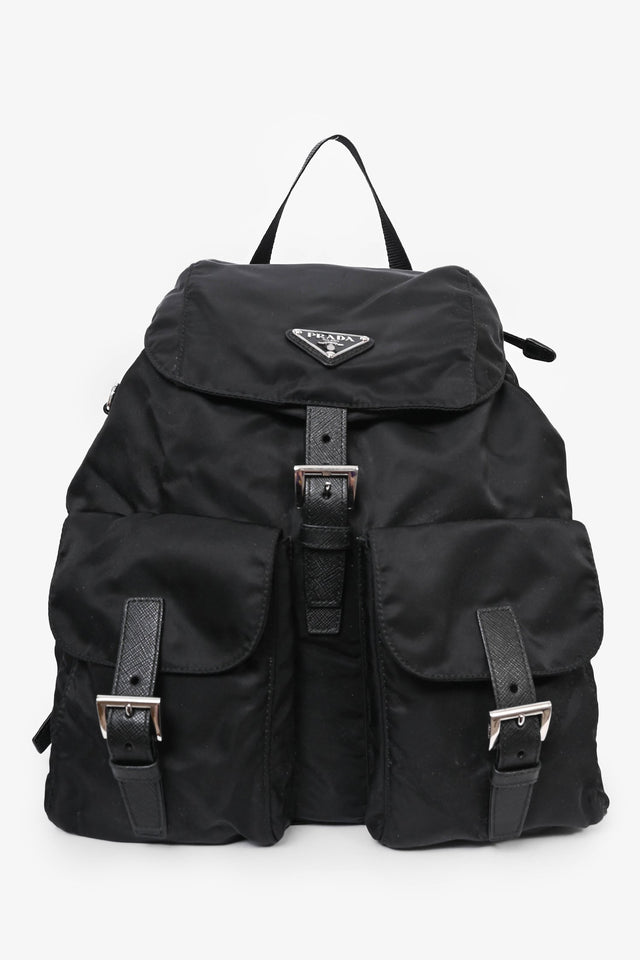 Prada Black Nylon Backpack with Leather Trim