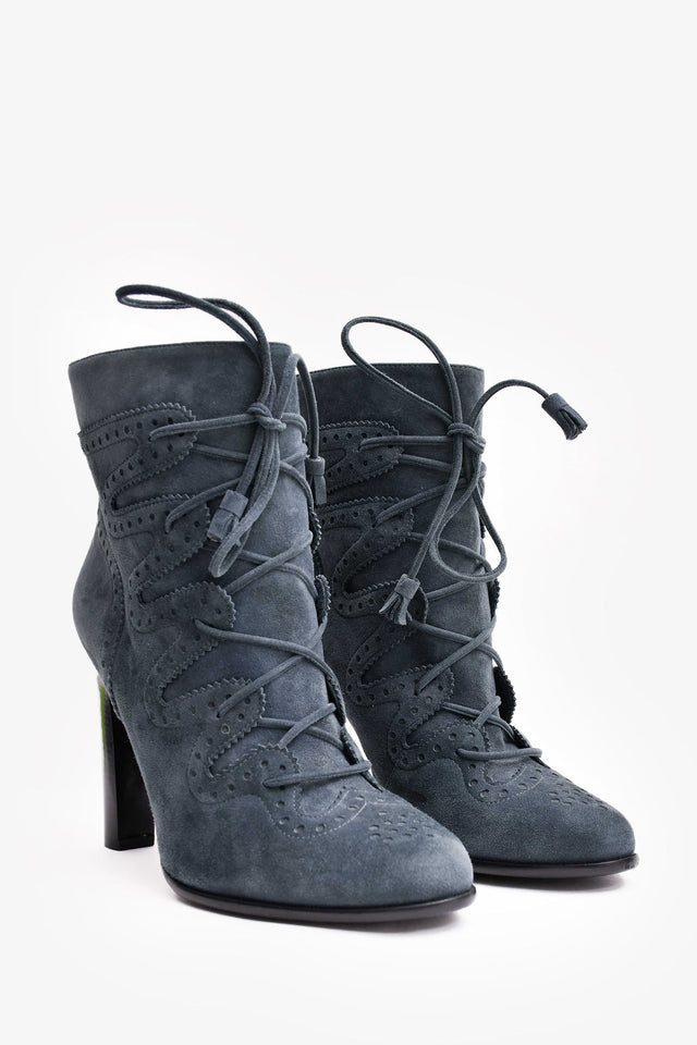Hermes Teal Suede Lace Up Ankle Boots Size 40