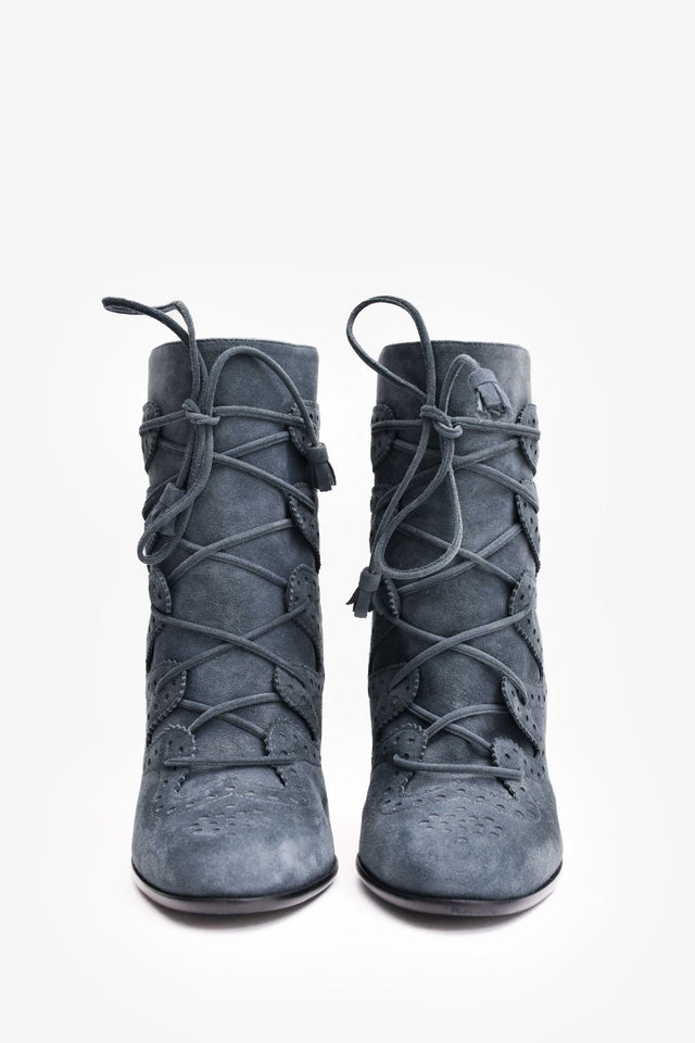 Hermes Teal Suede Lace Up Ankle Boots Size 40