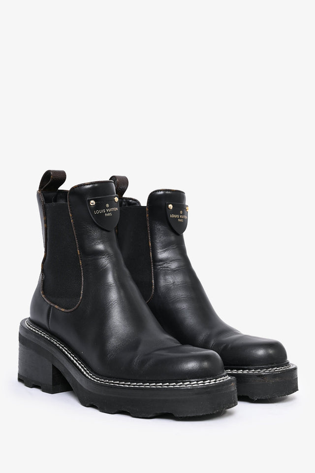 Louis Vuitton 2020 Black Leather Monogram Trim 'Beaubourg' Ankle Boots Size 36