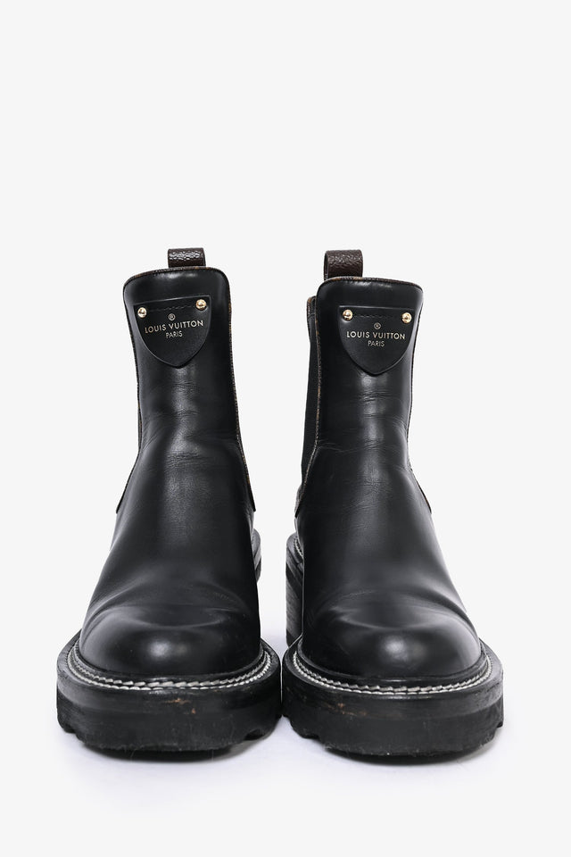 Louis Vuitton 2020 Black Leather Monogram Trim 'Beaubourg' Ankle Boots Size 36