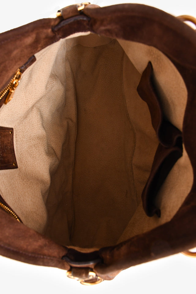 Prada Dark Brown Suede Large Bowler Bag With Strap (As Is)