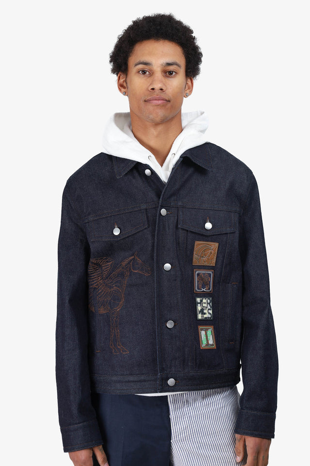 Hermes Navy Horse Stitch Patch Denim Jacket Size 50 Mens
