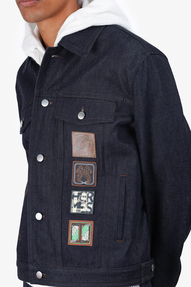 Hermes Navy Horse Stitch Patch Denim Jacket Size 50 Mens